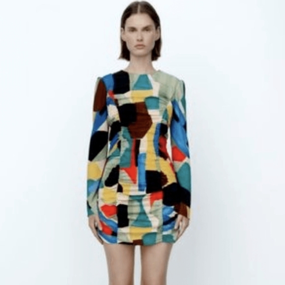 Zara Printed 80s Abstract Mini Party Dress with Ruching Small - Picture 7 of 10